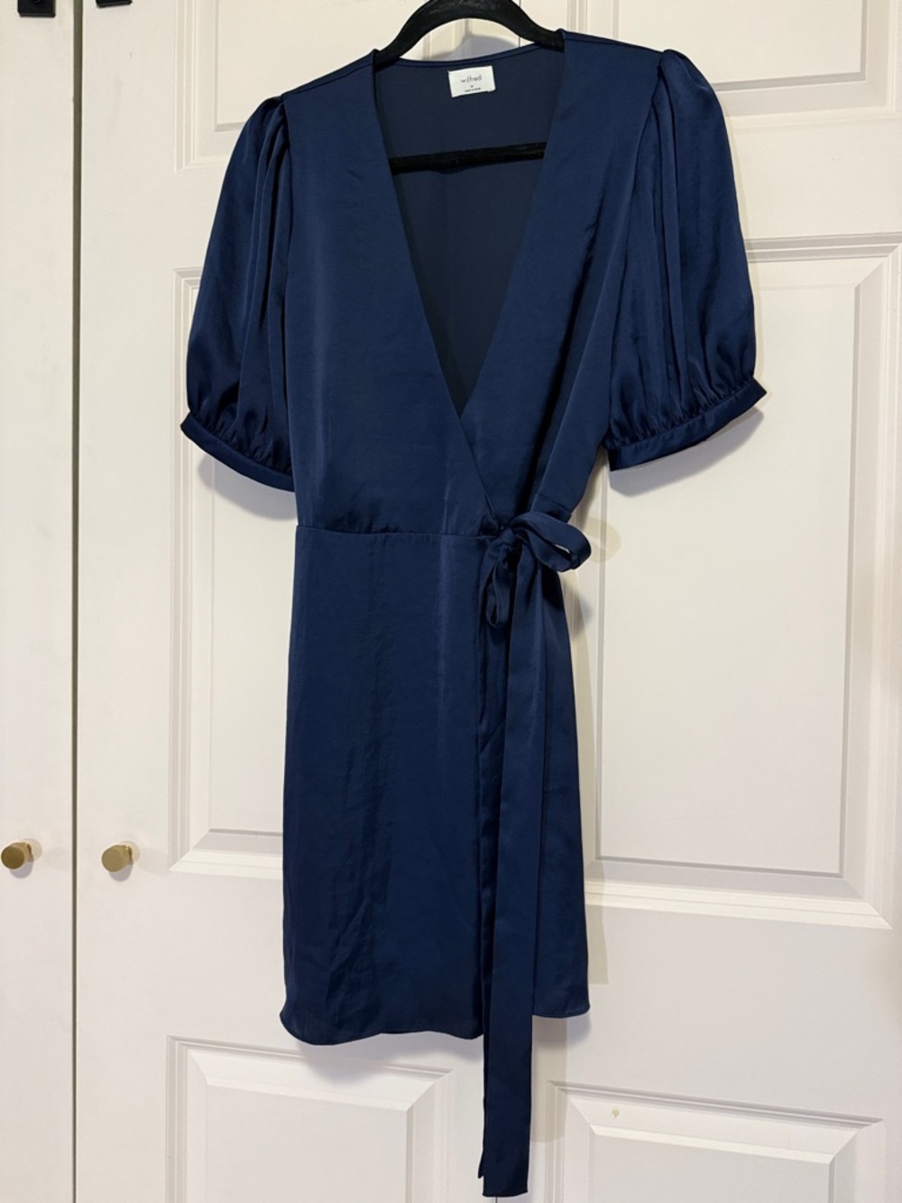 Aritzia Wilfred Satin Wrap Mini Dress in Deep Navy